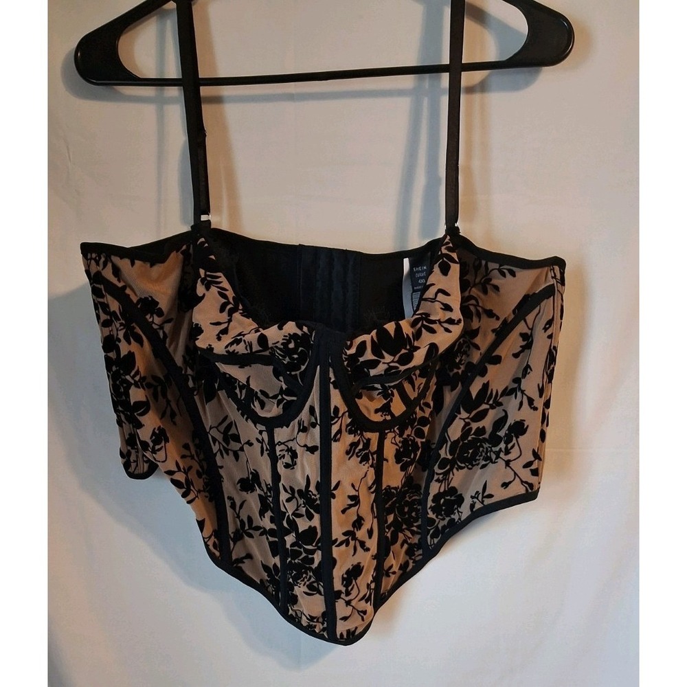 SHEIN BAE  Sexy Black Lace Floral  Flocked Mesh Asymmetric Hem Corset Top 4XLNWT